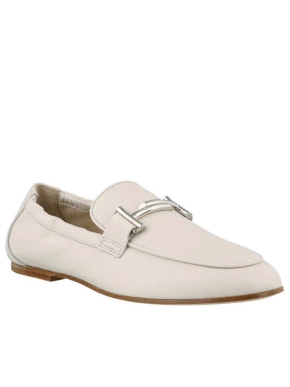 Tod’s White Leather Silver T Buckle Stretch Back Pull On Loafers Flats Size 38